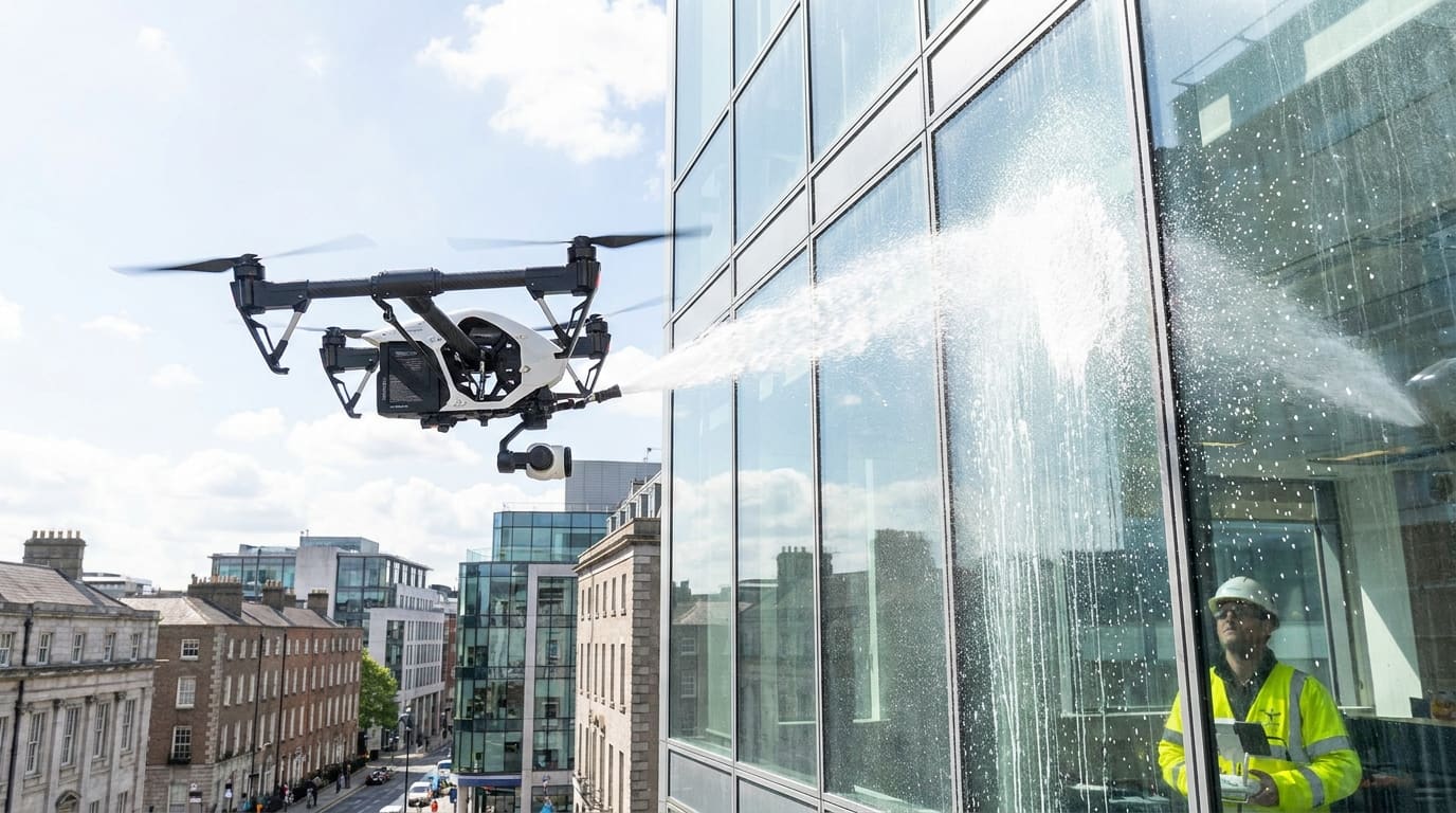 Drone cleaning high-rise windows in an Irish city