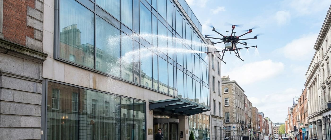 Drone cleaning the glass facade of an Irish city hotel