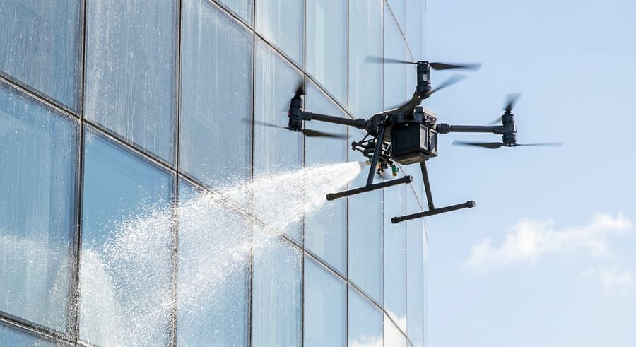 Drone cleaning high-rise office windows